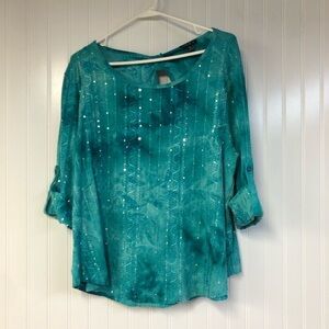 Sami & Jo Teal Tie Dye Sequin Women's Short Sleeve Top Petite XL